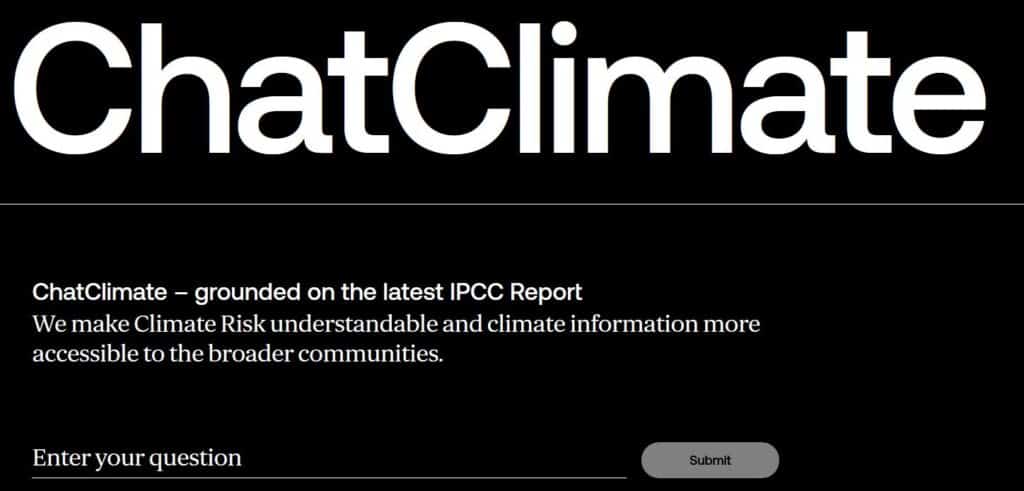 ChatClimate text on black background - climate risk resources.