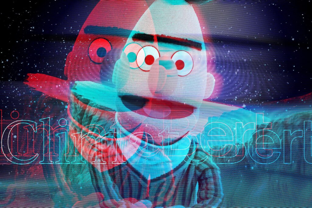 Bert (from bert and ernie) in a 3D image effect using blue and link overlay