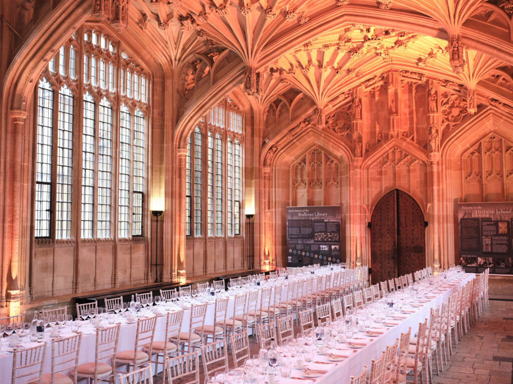 NLP4SF Gallery Bdleian Library at Oxford set up with banquet tables and chairs.