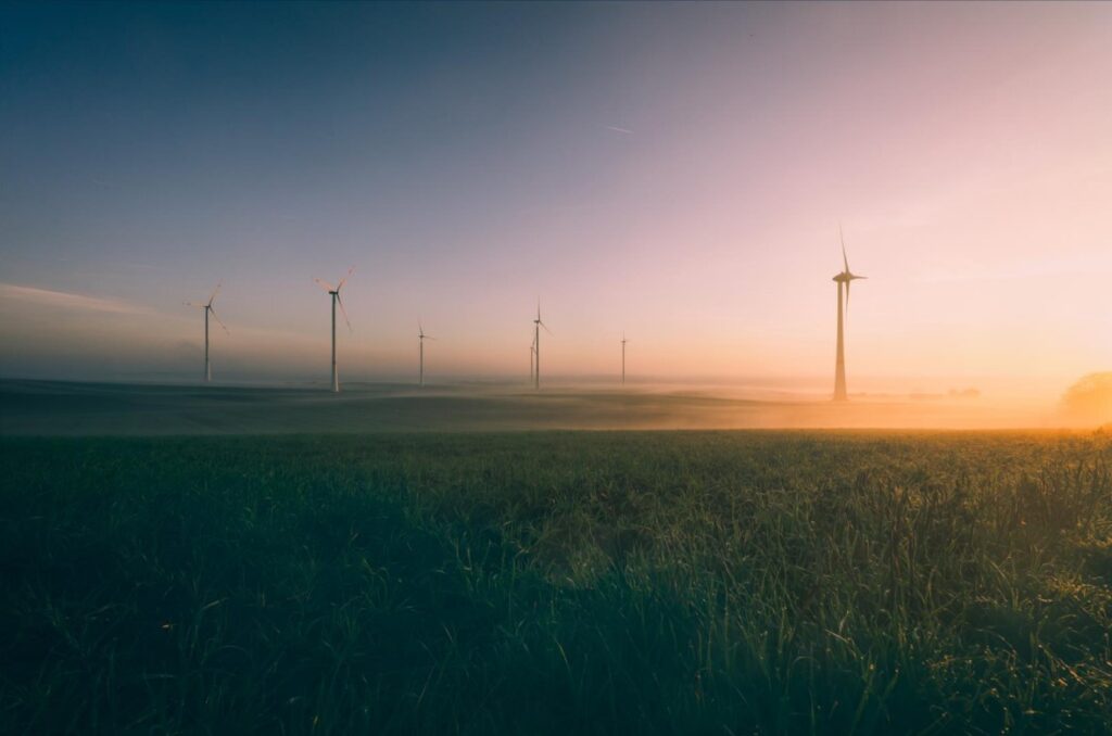 a hazy light looking over a field with wind turbines. The ground is green and the sky is a mix of purples and violets